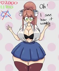 1girls 2023 alternate_breast_size big_breasts breasts clothed clothed_female doki_doki_literature_club female female_only full_comfort full_comfort_(strip_game) full_comfort_monika_(strip_game) green_eyes huge_breasts monika_(doki_doki_literature_club) open_mouth part_2 skirt solo solo_female strip_game thighhighs undressing white_bow