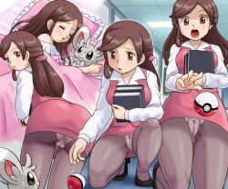 1girls ass back_view big_ass blush book brown_hair cameltoe clerk_(pokemon) front_view fur holding_object legwear lowres minccino npc_trainer open_mouth panties pantyshot pokémon_(species) pokeball pokemoa pokemon pokemon_(species) sleeping sweat tail work_uniform