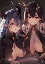 2girls :q azur_lane bare_shoulders black_hair blue_eyes blue_hair blush breasts cleavage closed_mouth collarbone golden_hind_(azur_lane) hair_between_eyes highres horns large_breasts light-skinned_female light_skin long_hair long_sleeves looking_at_viewer mary_celeste_(azur_lane) mole mole_under_mouth multiple_girls paid_reward_available parted_lips pointy_ears purple_eyes sea_nami smile tempesta_(azur_lane) tongue tongue_out