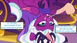 accurate_art_style alicorn balls blue_eyes blue_eyeshadow crown cum cum_in_mouth disembodied_penis edit english_text equine eyeshadow female feral hasbro horn human_male male mlp_g5 my_little_pony my_little_pony:_tell_your_tale opaline_arcana_(mlp) penis purple_body purple_fur screenshot_edit text wings