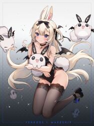 1girl :3 animal_ears bangs bare_arms bare_shoulders bat_wings black_choker black_footwear black_legwear black_leotard black_wings blonde_hair blue_eyes blush bow brown_legwear bunny_ears bunny_girl bunny_tail bunnysuit choker closed_mouth collarbone demon_girl demon_tail demon_wings detached_wings eyebrows_visible_through_hair fang female_only full_body hair_ribbon high_heels horns leotard long_hair looking_at_viewer low_wings mini_wings ribbon shoes smile solo tail thighhighs twintails two_side_up very_long_hair virtual_youtuber vyugen wings yenko yenkoes