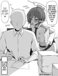 1boy 1girls ^^^ absurdres aoi_(blue_archive) aroused bald bangs belt blue_archive blush breasts breath buttons check_translation clipboard collared_shirt comic crop_top crop_top_overhang cropped_jacket crumpled_paper desk double-breasted english_text faceless faceless_male general_student_council_(blue_archive) general_student_council_logo_(blue_archive) greyscale half-closed_eyes halo heart highres holding holding_clipboard holding_paper holding_pen large_breasts leaning_forward long_sleeves looking_at_another medium_breasts mole mole_under_eye monochrome necktie open_mouth paper paper_stack pen pointy_ears putama putama_p sensei_(blue_archive) shirt short_hair simple_background sitting skirt sleeves_rolled_up speech_bubble spoken_heart straight sweat translation_request uniform upper_body whispering_in_ear white_background wholesome