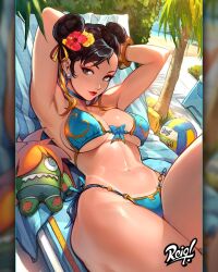 1girls abs asian asian_female athletic_female big_breasts bikini breasts capcom chun-li female female_only fully_clothed lying lying_on_back on_back reiq solo street_fighter swimsuit thick_thighs udon_entertainment