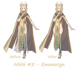 1girls before_and_after blonde_hair blue_eyes blush drill_hair edit embarrassed emmeryn_(fire_emblem) female female_only fire_emblem fire_emblem_awakening fire_emblem_heroes hand_on_chest looking_away naked_robe nintendo no_nut_november official_artwork_edit robe slender_waist slim small_breasts solo sutton184_edits thighhighs third-party_edit wide_hips
