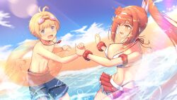 1boy 1girls assertive_female beach big_breasts bikini blonde_hair blue_eyes canon_couple cleavage core_crystal cute glimmer_(xenoblade) goggles having_fun innertube kimagure_ilya larger_female nikol_(xenoblade) nintendo ocean orange_eyes playful red_hair swimming_trunks swimsuit swimwear teenager wading water wholesome xenoblade_(series) xenoblade_chronicles_3 xenoblade_chronicles_3:_future_redeemed