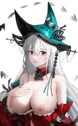 1girls 2023 arknights big_breasts breast breasts_out hat hi_res light-skinned_female light_skin looking_at_viewer mix7373 nipples red_eyes simple_background skadi_(arknights) skadi_the_corrupting_heart_(arknights) solo white_hair