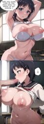 1boy 1girls 2koma ai_generated big_breasts big_penis black_hair blowjob blue_eyes bra breasts breasts_out classroom cum cum_in_mouth highres instant_loss_2koma kirigaya_suguha licking licking_penis old_man older_male older_man_and_teenage_girl older_penetrating_younger precum school_uniform schoolgirl short_hair student sword_art_online tagme teacher_and_student text text_bubble tongue tongue_out tricked tricked_into_blowjob tricked_into_sex underwear