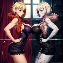 2girls ai_generated before_and_after big_breasts blonde_hair bob_cut breast_press colored_skin dress female female_only hand_on_hip looking_at_viewer one_piece pressed_against purple_eyes short_hair skintight skizzen stiches stitches symmetry thin_waist undead victoria_cindry wide_hips zombie zombie_girl