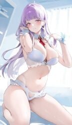 arm_bands artist_request azur_lane bowtie_collar collar detached_collar heart-shaped_cutout lace_trim large_breasts light_smile lingerie long_hair looking_at_viewer on_bed pink_eyes plymouth_(azur_lane) purple_hair seductive sitting_on_bed thick_thighs wide_hips