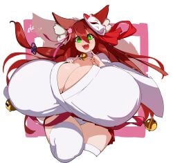 bell bell_collar cleavage cute_fang fox_mask fully_clothed gi gigantic_breasts hyper_breasts legwear mask naze original original_character smile someone_else's_oc sushi-chan