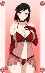 1girls babydoll big_breasts black_hair breasts choker elbow_gloves female hand_on_breast huge_breasts large_breasts lingerie mature mature_female milf mother mother navel reiichiart rwby see-through silver_eyes smile summer_rose thick_thighs thighs two_tone_hair