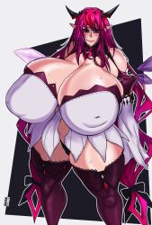 1girls aomokoka belly_button black_panties blue_eyes bursting_breasts cleavage heterochromia hololive hololive_english hololive_english_-promise- horns hyper hyper_breasts irys irys_(hololive) large_breasts looking_at_viewer nephilim pink_eyes pointy_ears red_hair ribbons smiling sweatdrop thick_thighs thighhighs thighs twintails very_long_hair virtual_youtuber wide_hips wings