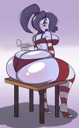 2022 ass big_lips bimbo breasts clothed dated eyeshadow female huge_ass lips lipstick looking_back makeup signature sitting skullgirls solo solo_female spaec-dandee squigly zombie zombie_girl