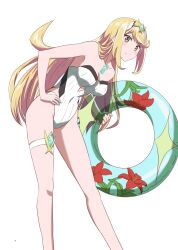 1girls bikini blonde_hair cleavage core_crystal inflatable_tube kageyasu looking_at_viewer mythra mythra_(radiant_beach)_(xenoblade) nintendo one-piece_bikini one-piece_swimsuit simple_background swimsuit white_background xenoblade_(series) xenoblade_chronicles_2 yellow_eyes