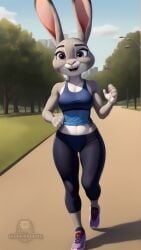 ai_generated anthro bunny_girl cameltoe clothed disney full-length_portrait grey_fur halfaslime jogging jogging_outfit jogging_pants judy_hopps rabbit sweat sweating violet_eyes