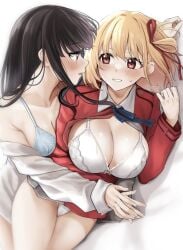 2girls black_hair blonde_hair blue_bra blush bra breasts hair_ribbon highres inoue_takina kitaku_jikan_(ktk_jkn) large_breasts long_sleeves looking_at_another lycoris_recoil lycoris_uniform lying medium_breasts multiple_girls nishikigi_chisato on_side open_mouth purple_eyes red_eyes red_ribbon ribbon shirt short_hair smile sweatdrop underwear white_bra white_shirt yuri