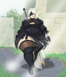 1girls aka-fa bbw belly big_belly big_breasts blindfold brown_hair chubby clothing fat female female_only light-skinned_female light_skin nier nier:_automata obese overweight short_hair solo thick_thighs thighhighs walking white_hair yorha_2b