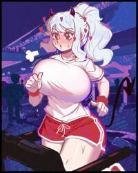 1girls 2d blush color demon_tail exhale female_only heart heart-shaped_pupils helltaker horns huge_breasts modeus_(helltaker) picote ponytail shorts sportswear sweaty thick_thighs tight_clothing treadmill white_hair