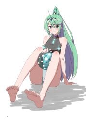 1girls arm_support ball bare_legs barefoot beachball between_legs big_breasts blush breasts chest_jewel closed_mouth commentary_request competition_swimsuit core_crystal eyelashes feet foot_focus foreshortening full_body green_eyes green_hair hairband headpiece high_ponytail kageyasu knees_up legs long_legs looking_at_viewer nintendo official_alternate_costume one-piece_bikini one-piece_swimsuit pneuma_(xenoblade) ponytail shadow sidelocks simple_background sitting soles swept_bangs swimsuit thighs tiara toes white_background xenoblade_(series) xenoblade_chronicles_2