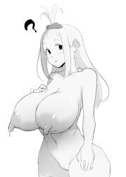 1girls ? character_request clueless copyright_request cowboy_shot female female_only greyscale hair_bun huge_breasts long_hair long_nipples monochrome nude plump_labia solo thick_thighs wani_doriru wide_hips