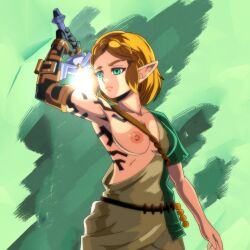 blonde_hair exposed_breasts female female_only medium_breasts partially_clothed posing princess_zelda sword tears_of_the_kingdom the_legend_of_zelda tomiaf zelda_(tears_of_the_kingdom)