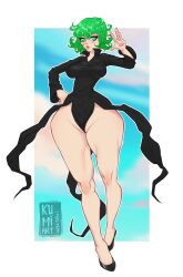 1girls absurd_res artist_logo artist_name dress female female_only full_body green_hair hand_on_hip kumi_art looking_at_viewer one-punch_man pussy_floss solo tatsumaki thick_thighs wide_hips