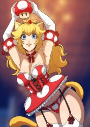 1girls arm_gloves arms_up blonde_hair blue_eyes blurry_background cat_ears cat_tail catgirl crown dress female female_only garter_straps heart-shaped_pupils highres kinkymation long_hair looking_at_viewer mario_(series) mushroom nintendo panties power_up princess_peach smiling smiling_at_viewer solo stockings super_mario_bros. super_mushroom tail white_stockings