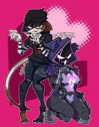 2girls bear_costume bear_girl breasts calico_cat cat_girl cat_paws cat_tail catgirl clothes epic_games female fortnite gold_eyes gray_fur meow_skulls_(fortnite) miausculosea pink_eyes raven_team_leader raven_team_leader_(fortnite) tagme teddy_bear turntip