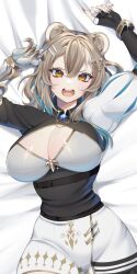 angry_face cleavage hazumi_aileen indie_virtual_youtuber large_breasts laying_on_bed virtual_youtuber