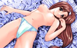 1girls amazuyu_tatsuki breasts breasts_out brown_eyes brown_hair game_cg headband large_breasts long_hair morihara_satomi navel on_back panties panties_only pia_carrot_(series) solo underwear underwear_only welcome_to_pia_carrot_1 white_headband