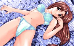 1girls amazuyu_tatsuki bra brown_eyes brown_hair game_cg headband large_breasts long_hair looking_to_the_side morihara_satomi navel on_back panties pia_carrot_(series) solo underwear underwear_only welcome_to_pia_carrot_1 white_headband