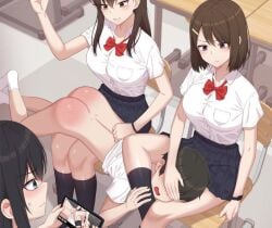 1boy 3girls between_thighs black_hair black_socks blush bob_cut bow brown_hair classroom covering_eyes femdom filming multiple_girls on_lap punishment punishment_spanking s-goon school_uniform schoolgirl skirt smartphone spanking thighs