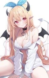 1girls artist_name blonde_hair bra breasts choker collar commentary demon_horns demon_wings deyui english_commentary fairy female female_only green_headband hair_behind_ear hair_ornament headband highres horns licking_lips lingerie long_hair loose_clothes loose_shirt medium_breasts nijisanji nijisanji_en panties pointy_ears pomu_rainpuff red_eyes shirt smile solo succubus succubus_costume succubus_horns succubus_tail succubus_wings unbuttoned unbuttoned_shirt underwear virtual_youtuber white_bra white_panties wings