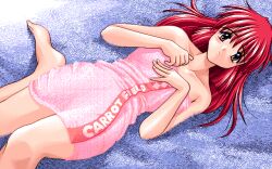 1girls amazuyu_tatsuki barefoot brown_eyes game_cg inaba_shouko long_hair looking_at_viewer medium_breasts naked_towel on_back pia_carrot_(series) pink_towel red_hair solo towel welcome_to_pia_carrot_1