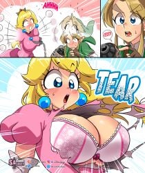 1boy 1girls 3koma accidental_exposure big_breasts blonde_hair blue_eyes blush bra breast_grab breast_squeeze breasts clothed clothing comic couple crossover euf female hi_res link link_(twilight_princess) long_hair male mario_(series) nintendo pink_bra pointy_ears princess_peach ripped_clothing sasatseng the_legend_of_zelda tight_clothing torn_clothes twilight_princess underwear