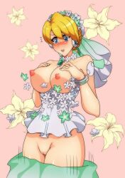 alia blonde_hair blue_eyes blush bracelet breasts bridal_alia_(x_dive) detailed_background female flashing flower_background flower_necklace kotatuman_dash light-skinned_female light_skin looking_down mega_man mega_man_x pale-skinned_female pale_skin pink_background pussy robot robot_girl shocked_expression wardrobe_malfunction wedding_dress wedding_gown