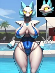 absurd_res ai_generated anthro curvy darkner deltarune deltarune_chapter_2 facing_viewer hand_on_hip hi_res neocorai poolside swimsuit tasque_manager_(deltarune) wet