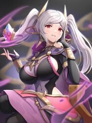 1girls absurdres alternate_costume black_background bodystocking brand_of_the_defile breasts bridal_gauntlets cape cleavage commentary_request covered_navel female female_only fire_emblem fire_emblem_awakening fire_emblem_heroes gonzarez grey_hair grima_(fire_emblem) grin highres large_breasts long_hair looking_at_viewer nintendo official_alternate_costume parted_lips purple_cape red_eyes robin_(female)_(fell_tactician)_(fire_emblem) robin_(fire_emblem) robin_(fire_emblem)_(female) see-through see-through_cleavage shiny shiny_hair sideboob sitting smile solo twintails