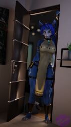 3d_(artwork) 4k 9:16 absurd_res anthro biped blender_(software) blue_body blue_fur blue_hair canid canine clothed clothing digital_media_(artwork) dress female fox fur hair hi_res krystal lipstick looking_at_viewer makeup mammal nintendo rosecreates silhouette smile solo solo_focus star_fox straps tail