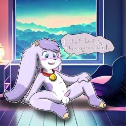 anthro billie_bust_up billiebustup blushing collar cub fur looking_down male nude on_floor purple_fur small_penis solo speech_bubble text white_fur young