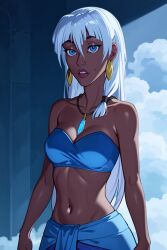 ai_generated atlantis:_the_lost_empire bare_midriff big_eyes blue_bra blue_clothing blue_eyes dark-skinned_female dark_skin disney disney_princess earrings female kida long_hair princess royalty slim white_hair