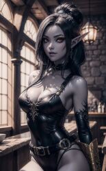 ai_generated big_breasts black_dress black_hair dark_elf drow elf fantasy grey_skin jewelry medieval non_nude pointy_ears red_eyes tavern tight_dress