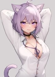 1girls bluefield breasts cat_ears catgirl female hololive hololive_gamers hololive_japan light-skinned_female light_skin medium_breasts naughty_face nekomata_okayu purple_eyes purple_hair short_hair smile virtual_youtuber