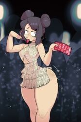 1girls boss_(gats) brown_hair clothing double_bun dress ear_piercing earrings female female_only gats looking_at_viewer original piercing pizza_thot public shortstack solo thick_thighs tongue tongue_out wide_hips