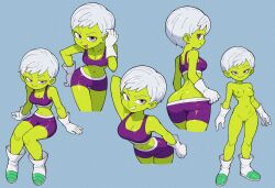 ass ass_cleavage breasts butt_crack cheelai cleavage colored_nipples colored_skin commentary dragon_ball dragon_ball_super dragon_ball_super_broly english_commentary female gloves green_nipples green_skin grin highres looking_at_viewer multiple_views nipples nude open_mouth original_proportions purple_eyes purple_shorts purple_sports_bra short_hair short_white_hair shorts simple_background small_breasts smile smug sports_bra stealth_brock white_gloves white_hair