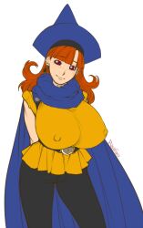 1girls alena_(dq4) breasts busty cameltoe cape clothed clothing dragon_quest dragon_quest_iv erect_nipples female female_only flat_colors huge_breasts kuroishi_ringo nipple_bulge red_eyes standing witch_hat