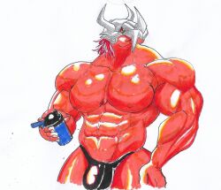 abs anthro armor bandai_namco biceps bodily_fluids bulge clothing digimon digimon_(species) fangs hair headgear helmet hi_res holding_object horn male muscular muscular_anthro muscular_male nipples orange_body pecs pinumontbalou red_hair solo sweat teeth triceps underwear wargreymon wet wet_body