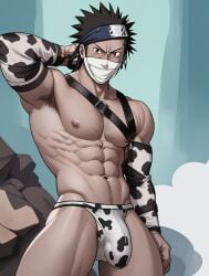 ai_generated bara big_penis bulge chest_harness covered_mouth cow_print gay harness huge_cock huge_penis kirisword male_only momochi_zabuza muscular_male naruto solo_male yaoi