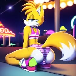 1boy ai_generated amusement_park anthro ass ass_focus bent_over big_ass big_butt blue_eyes bulge canine canis crop_top femboy feminine_tails fox girly kneeling mammal night novelai panties pov smile smiling sonic_(series) sonic_the_hedgehog_(series) stars striped_panties tails