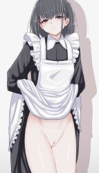 apron black_dress black_eyes black_hair censored cleft_of_venus closed_mouth dress female frilled_apron frills hair_between_eyes highres hip_bones lifted_by_self looking_at_viewer maid maid_apron medium_hair mosaic_censoring mustee no_panties original presenting_pussy pussy shadow simple_background solo standing upskirt white_apron white_background